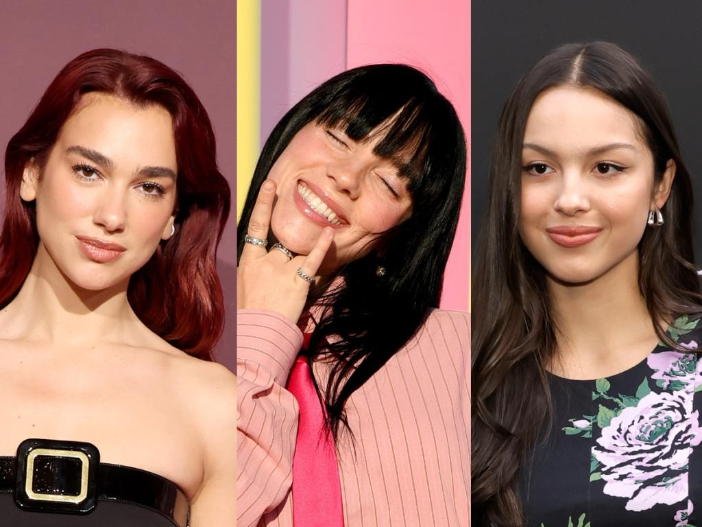 Dua Lipa attends The Hollywood Reporter's Women In Entertainment Gala smiling looking righr wearing a black strapless dress and red hair, Billie Eilish attends the World Premiere of "Barbie" smiling with her eyes closed throwing up the devil horns and wearing a pink striped button down shirt with a pink tie, Olivia Rodrigo attends the 2023 Variety Hitmakers Brunch smiling looking left wearing a dark floral dress.