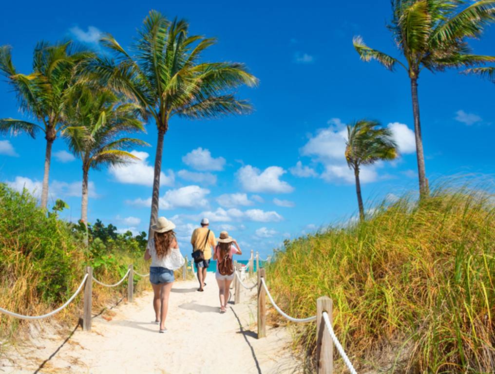 Family walking to the beach. People enjoying time on the beach on summer vacation. Footpath with palm trees, and ocean in the background. South Beach, Miami, Florida, USA