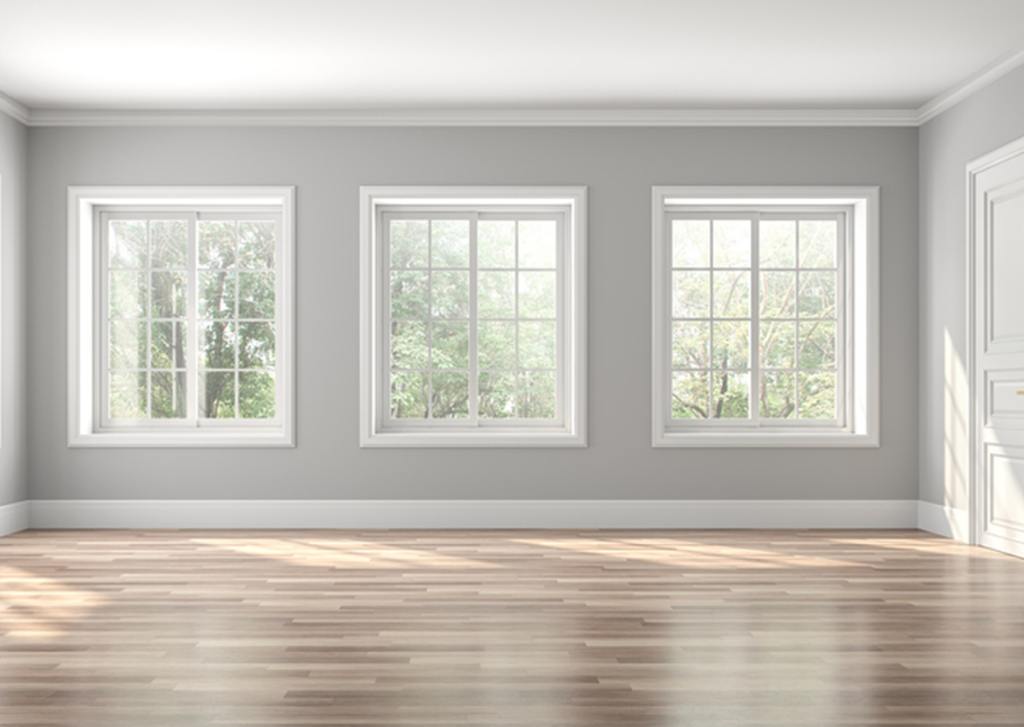 Classical empty room interior 3d render,The rooms have wooden floors and gray walls ,decorate with white moulding,there are white window looking out to the nature view.