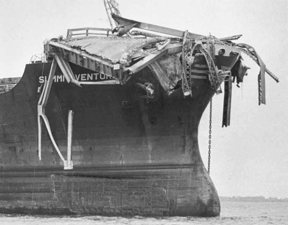 9th May 1980: Debris from the Sunshine Skyway Bridge perched on the bow of the freighter 'Summit Venture' after the vessel rammed the bridge during a thunderstorm at Tampa Bay, Florida, causing 34 deaths. (Photo by Keystone/Getty Images) The Sunshine Skyway Bridge Collapse: 43 Years Later