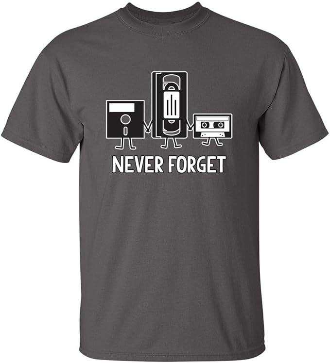 never forget floppy disc, VHS tape, cassette tape gray shirt