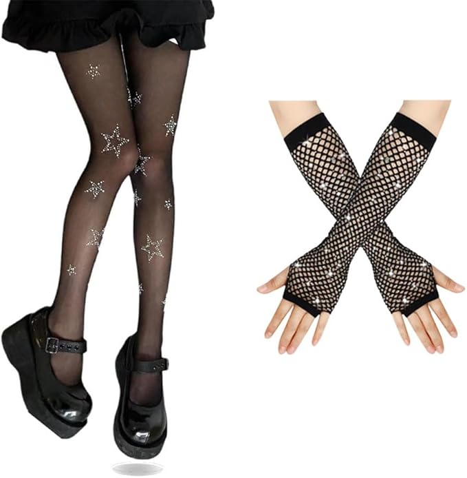 Halloween 2024 punk goth costume black stockings, fishnet gloves and black shoes