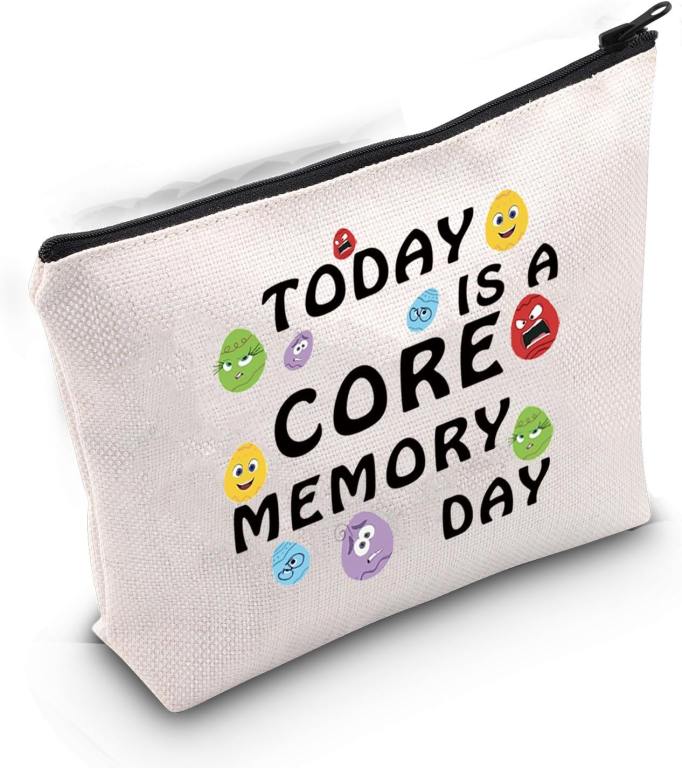 Inside Out 2 merch: White cosmetic bag with black zipper with the words "today is a core memory day" design