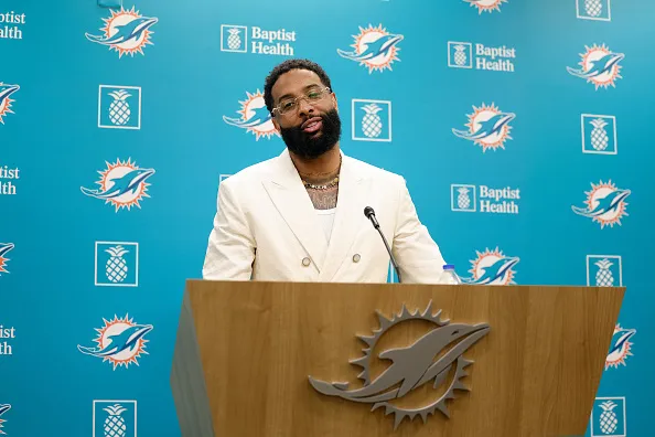 MIAMI GARDENS, FLORIDA - MAY 15: Odell Beckham Jr. speaks during a press conference on May 15, 2024 in Miami Gardens, Florida.  (Photo by Carmen Mandato/Getty Images)